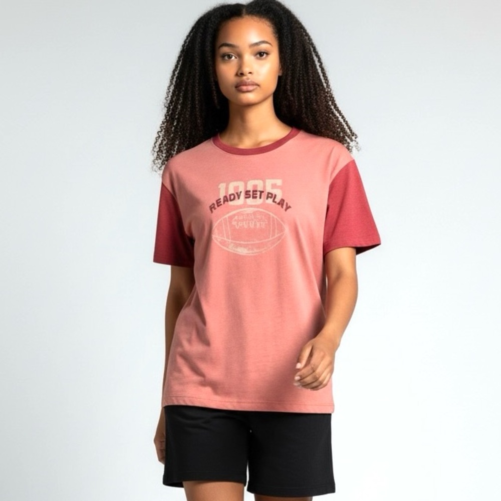 Anthropologie Daily Practice Graphic Tee Pink Football Sporty Relaxed Fit M